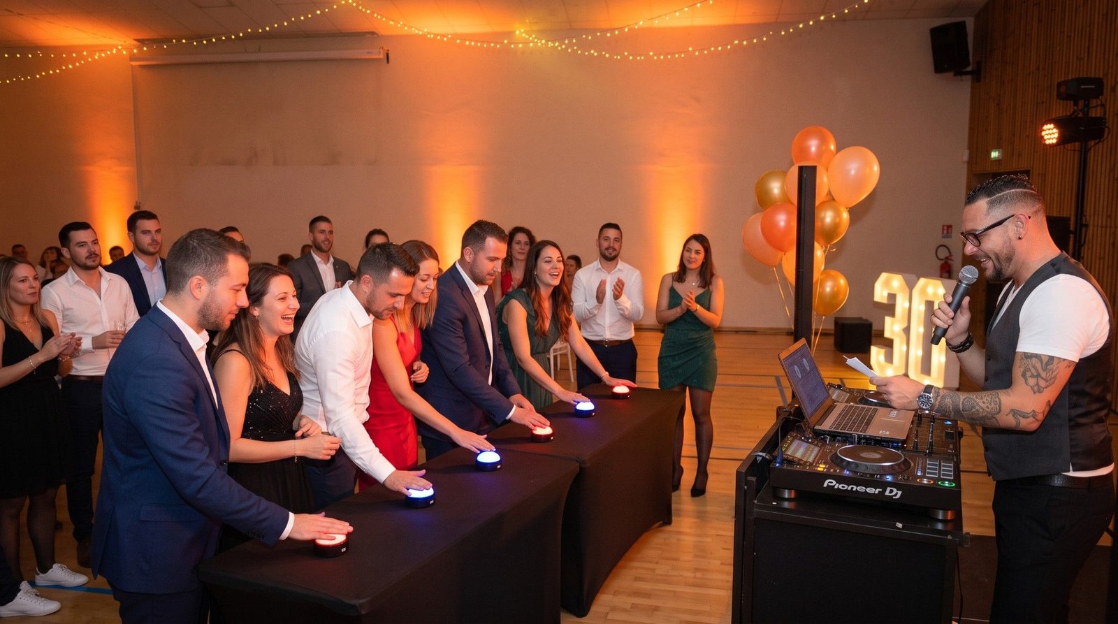 Invités qui jouent au quiz avec de vrais buzzers lumineux, animé au micro par Joël R'Key