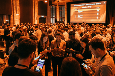 Participants qui jouent au quiz depuis leur smartphone, classement sur grand écran