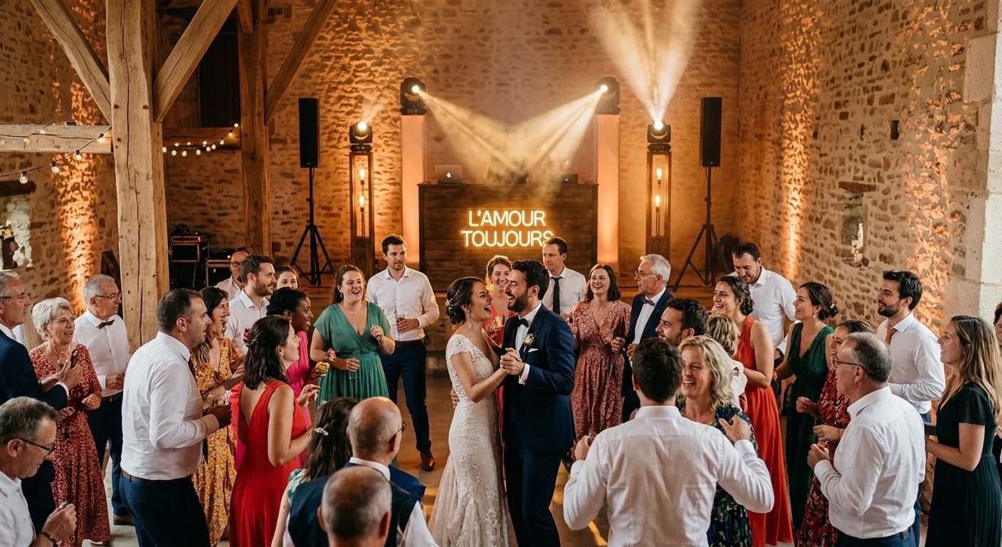 Mariés entourés de leurs invités devant la régie R'Key Prod et son néon « L'AMOUR TOUJOURS »