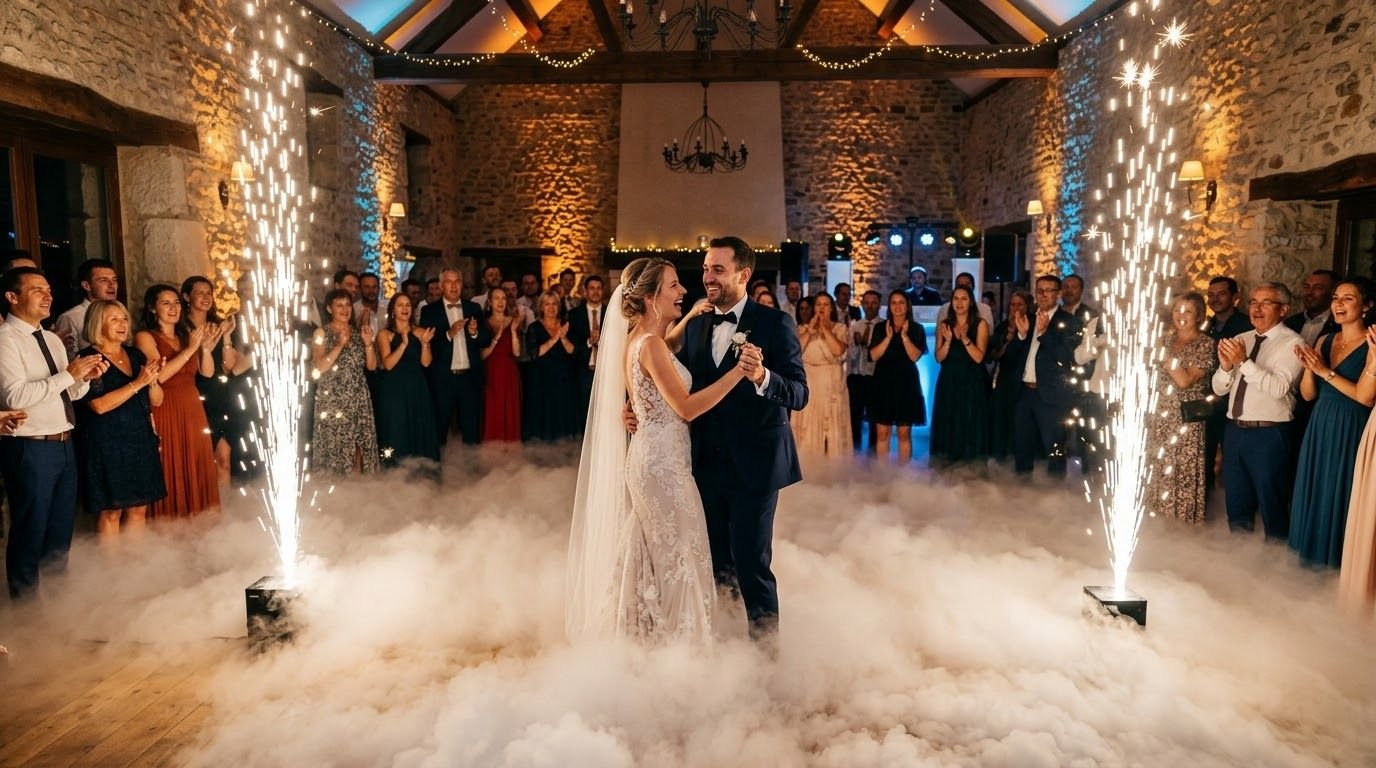 Première danse des mariés sous fumée lourde, entre deux fontaines d'étincelles froides, dans une salle en pierre