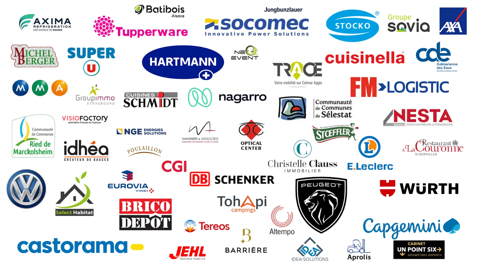 Logos des entreprises clientes de R'Key Prod : Axima Réfrigération, Tupperware, Batibois Alsace, Jungbunzlauer, Socomec, Stocko, Groupe Savia, AXA, Super U, Hartmann, Neo Event, Trace (Colmar Agglo), Cuisinella, Colmarienne des Eaux, FM Logistic, Groupimmo Strasbourg, Visiofactory, Communauté de Communes du Ried de Marckolsheim, Idhéa, NGE Énergies Solutions, Poulaillon, Wagner & Associés, Optical Center, Stœffler, E.Leclerc, Restaurant La Couronne Scherwiller, Nesta, Volkswagen, Select Habitat, Eurovia Vinci, Brico Dépôt, Tohapi Campings, DB Schenker, Tereos, Altempo, Barrière, Peugeot, Würth, Capgemini, Castorama, Jehl Travaux Publics, Idea Solutions, Aprolis, Cabinet Un Point Six, Michel Berger, MMA, Cuisines Schmidt, Nagarro, Communauté de Communes de Sélestat, CGI, Christelle Clauss Immobilier