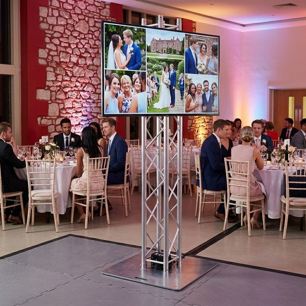 Écran géant sur totem affichant les photos des mariés dans la salle de réception