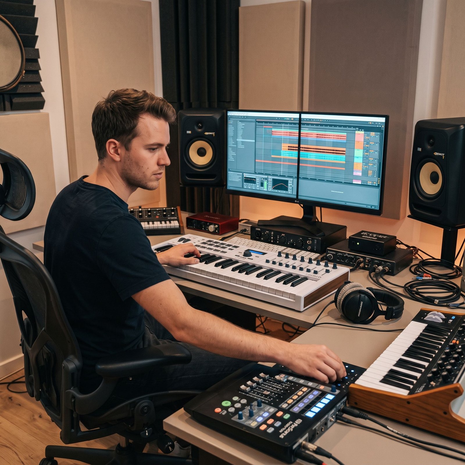 Musicien qui compose un morceau dans un studio d'enregistrement
