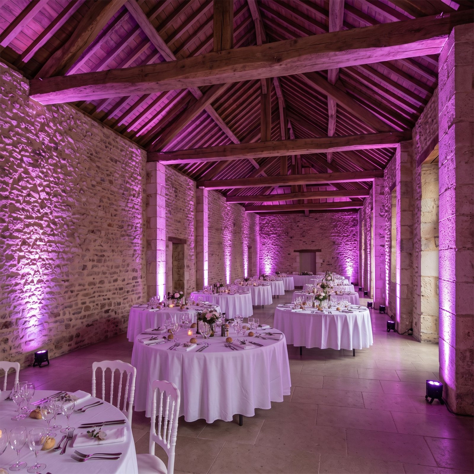 Salle de réception aux murs de pierre éclairée en violet par des projecteurs LED