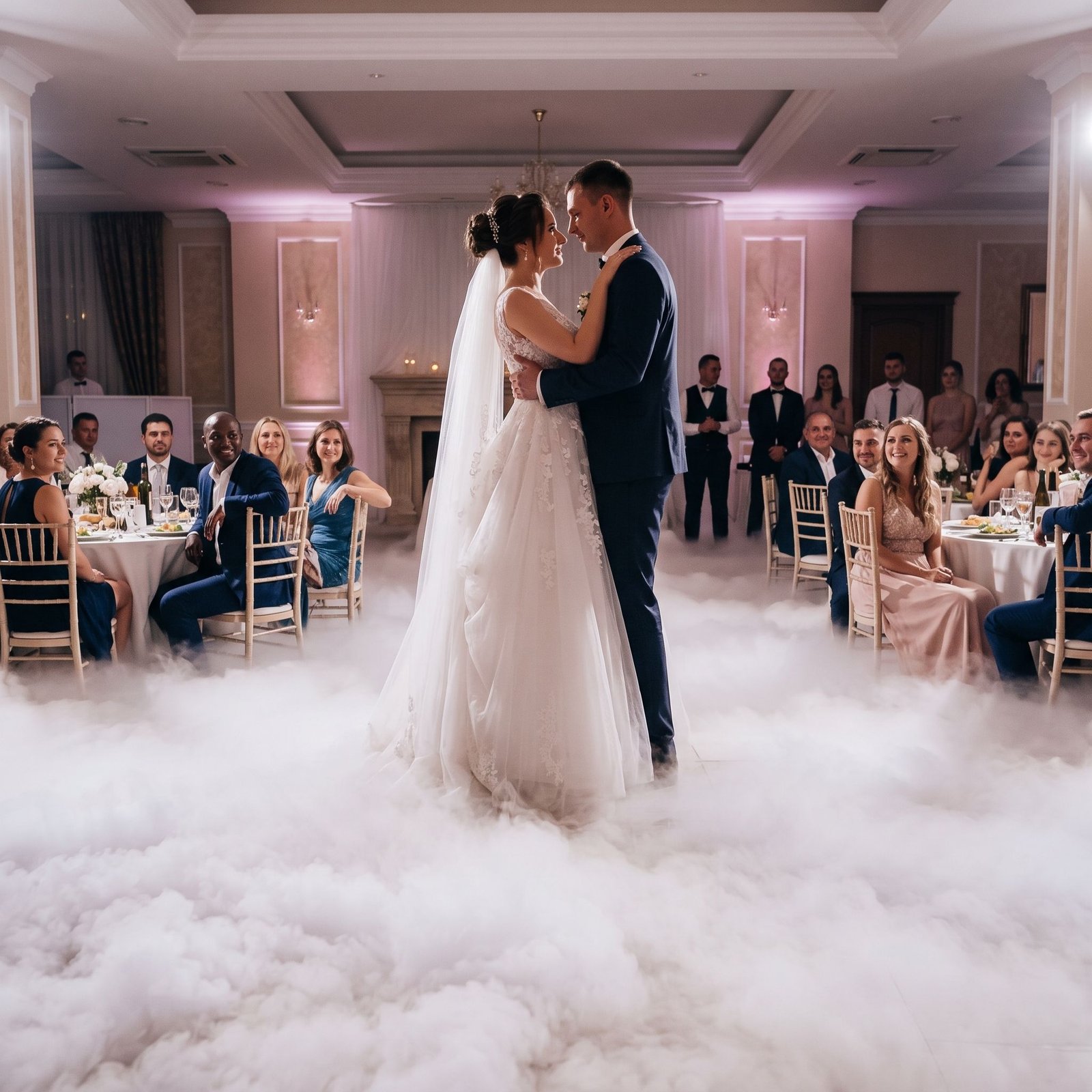 Première danse des mariés sur un nuage de fumée lourde au sol