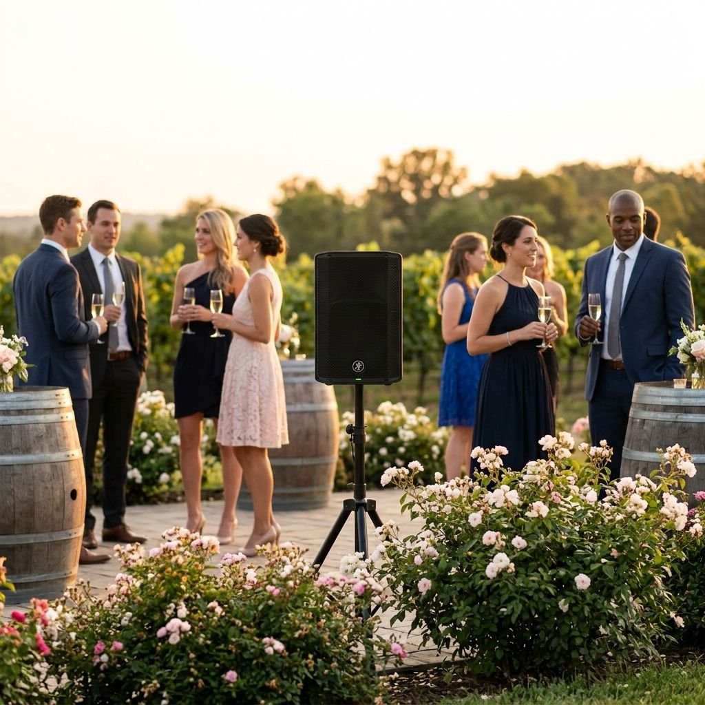 Invités d'un vin d'honneur dans les vignes, verre à la main, à côté d'une enceinte sur pied