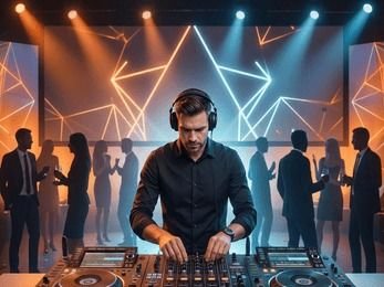 DJ R'Key Prod au casque aux platines pendant une soirée d'entreprise, invités en tenue de soirée derrière lui