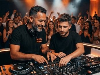 Deux DJ R'Key Prod côte à côte aux platines, l'un formant l'autre