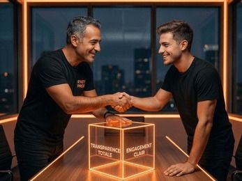 Poignée de main entre deux DJ de l'équipe R'Key Prod, autour d'un cube lumineux « Transparence totale – Engagement clair »